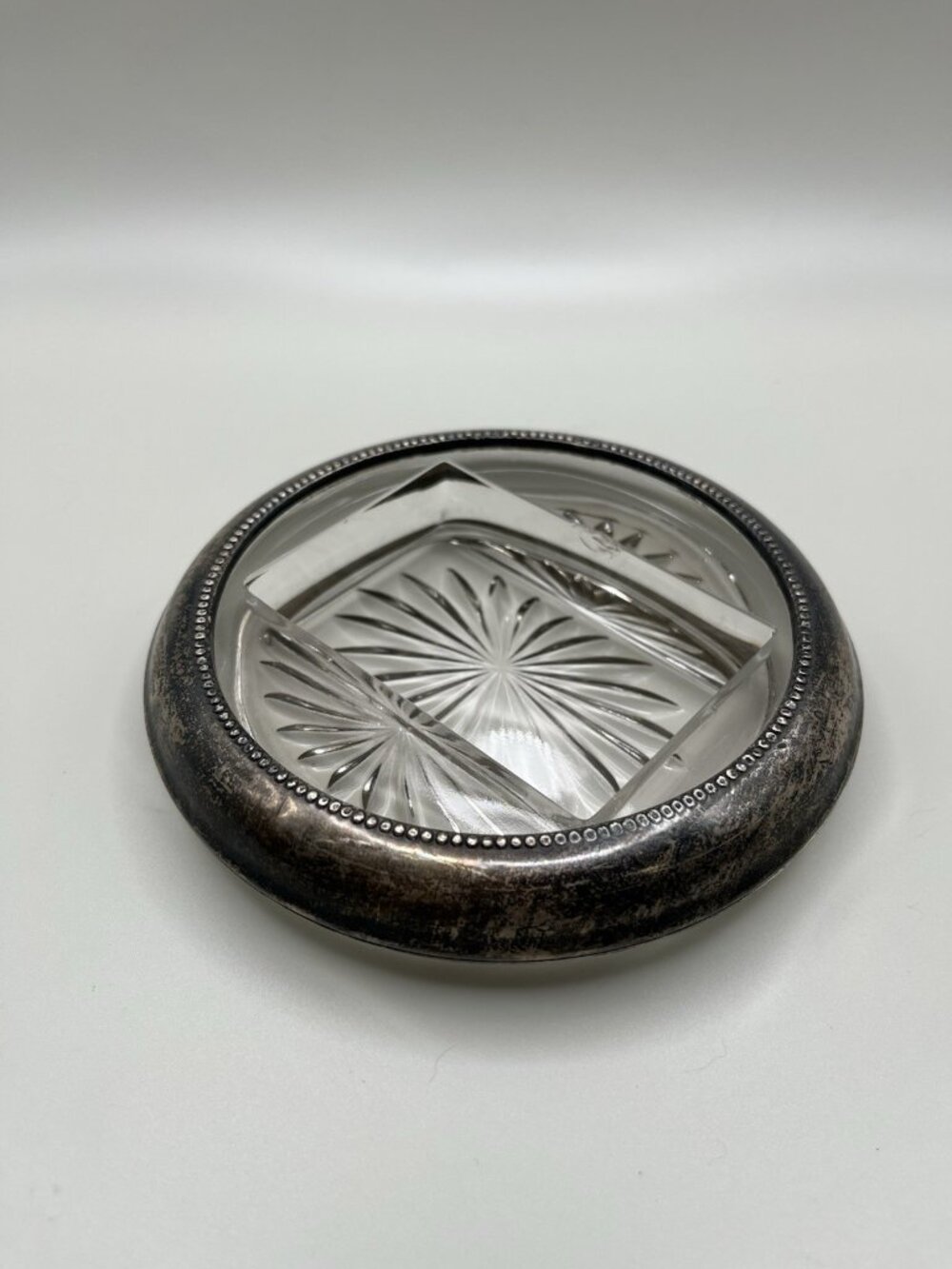 VTG Pressed Glass Ashtray Silver Plate Beaded Rim Starburst Mid Century Atomic